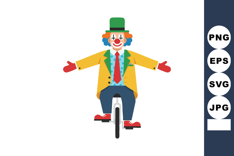 Clown in colorful costume riding unicycle with green hat yel