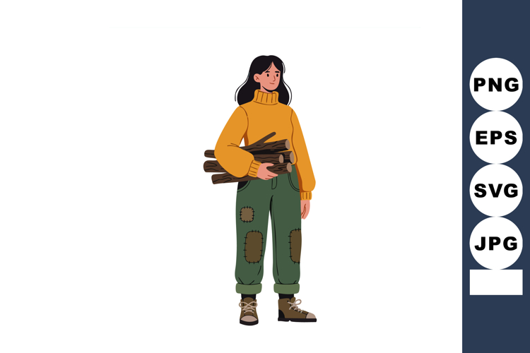 Young woman carrying firewood wearing yellow sweater and gre