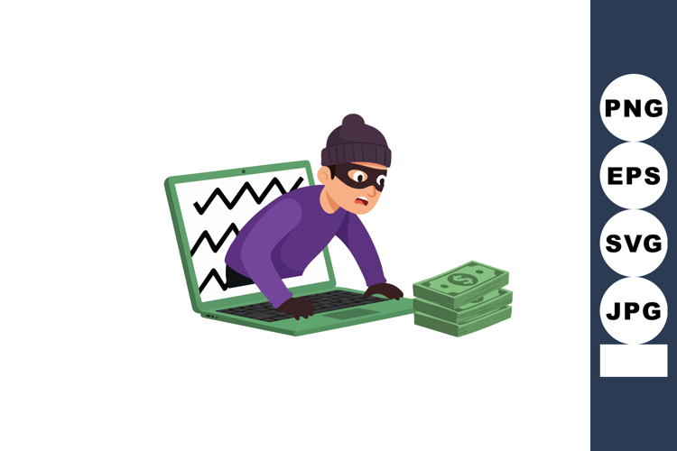 Hacker Emerging from Laptop Stealing Money Concept Cybercrim