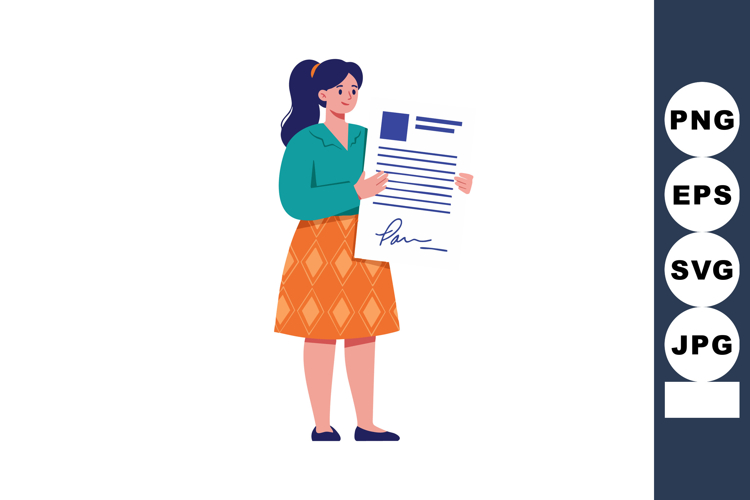 Woman holding signed contract or document with confidence an