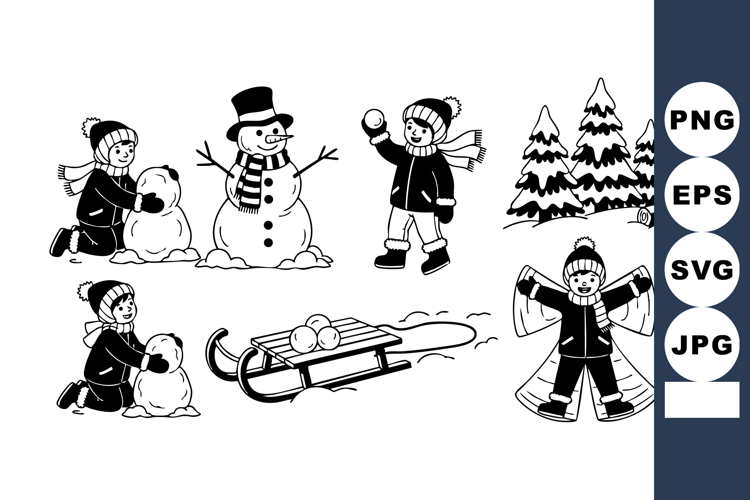 Children Playing In Winter Snow With Snowman Sled