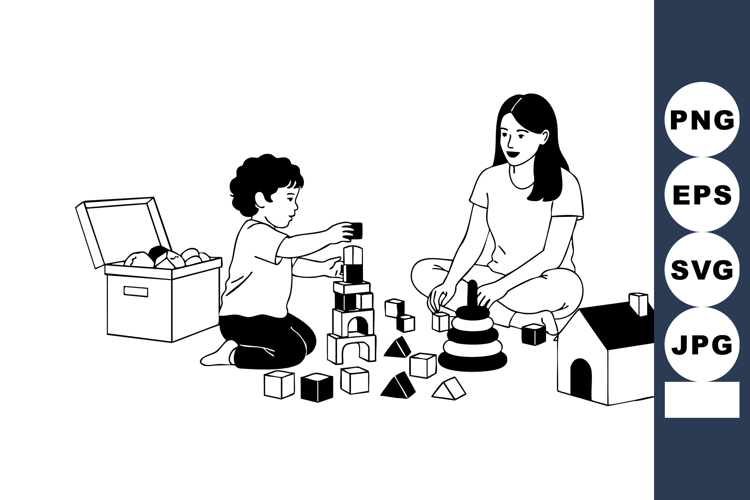 Child And Woman Playing With Building Blocks Toys