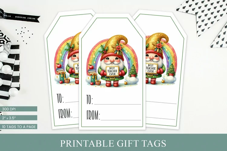 Printable Teacher Gift Tags - Festive Gnome Design
