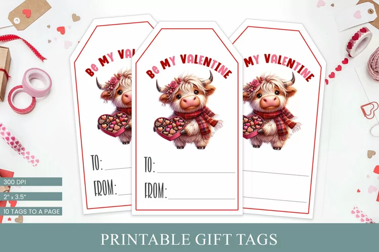Printable Valentine Gift Tags - Cute Highland Cow Design