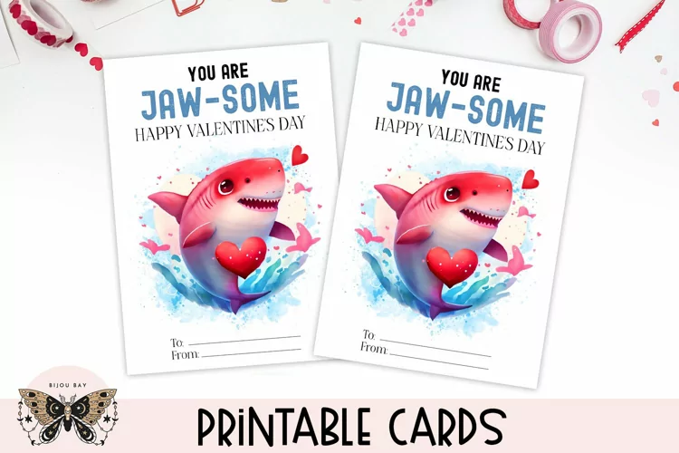 Shark Valentines Day Card - Printable Kids Class Favor