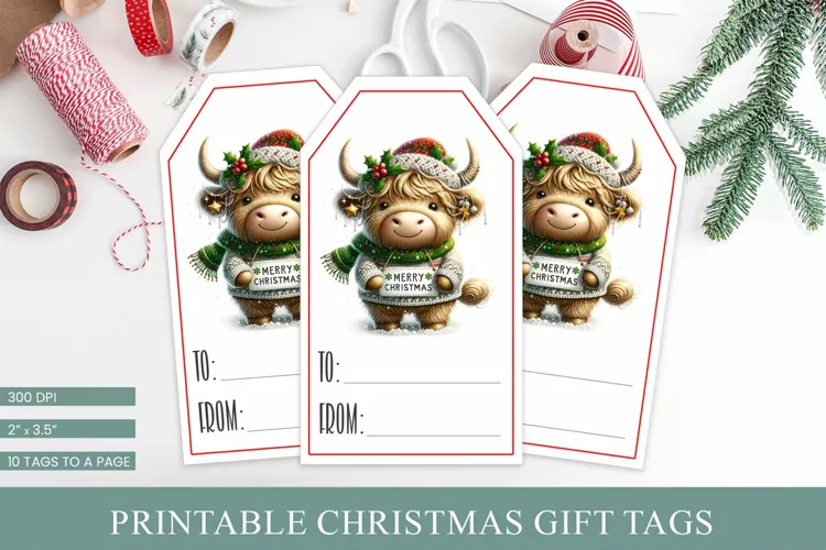 Printable Christmas Gift Tags | Cute Highland Cow Tags