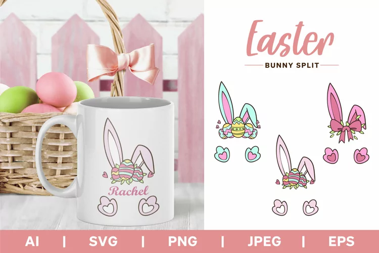 Easter Bunny Ears and Paw Illustration Split Monogram Set
