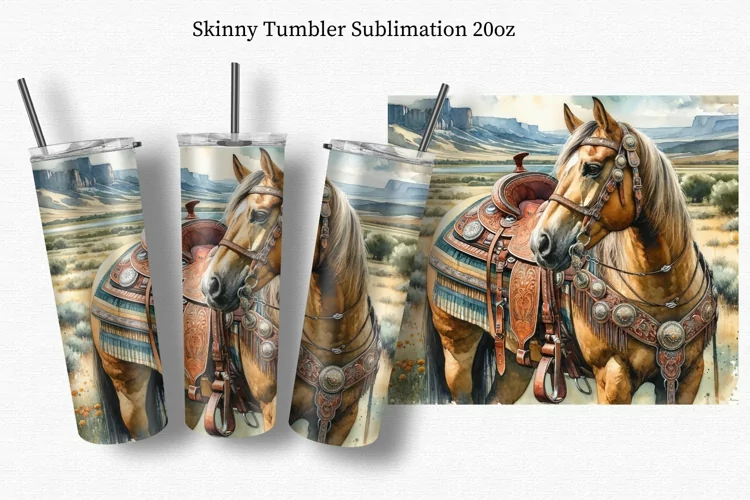 Western horse clipart, Tumbler Wrap 20oz, Watercolor clipart