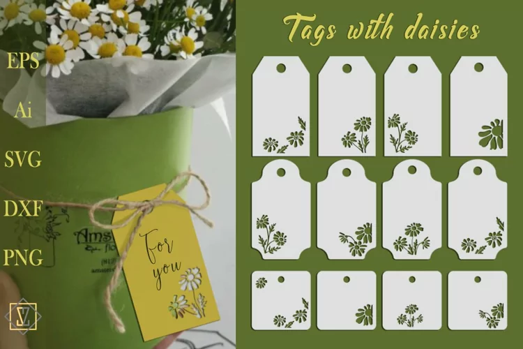 Tags with daisies. SVG files for cutting.