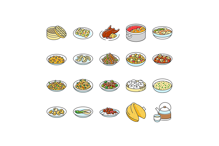 chinese cuisine food dish asian icons set vector