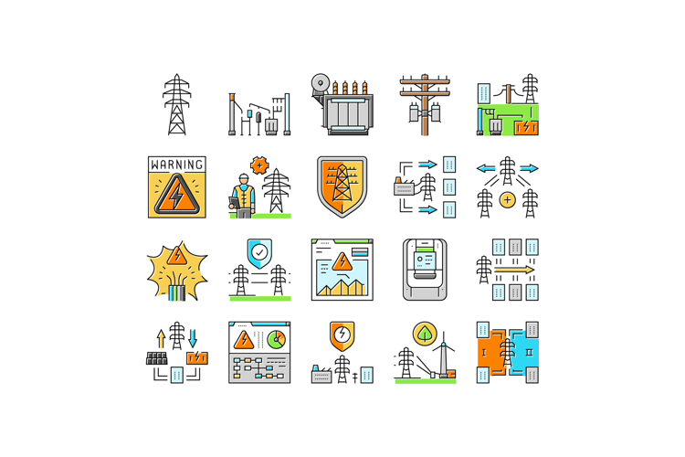 electric grid energy power icons set vector