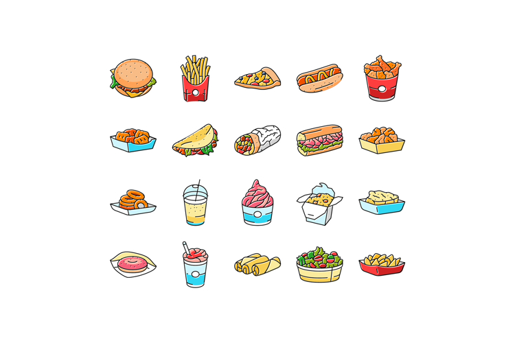 fast food burger hamburger pizza icons set vector