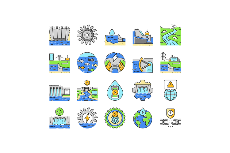 hydroelectric power plant energy icons set vector