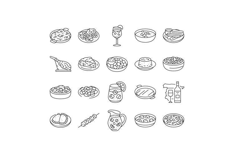 spanish cuisine food paella tapas icons set vector