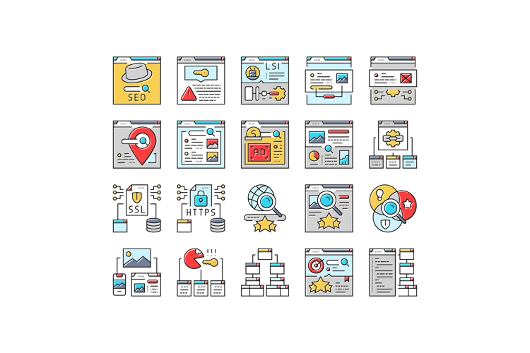 seo market rank search icons set vector