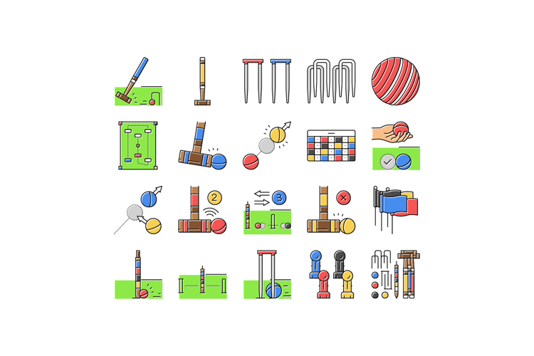 croquet mallet game ball icons set vector