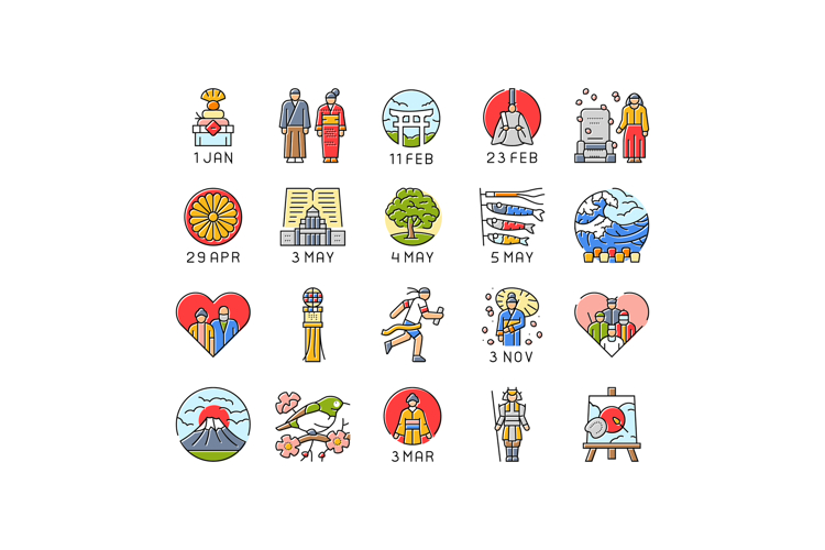 japanese holidays national asia icons set vector
