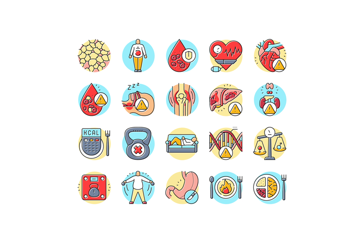 obesity overweight fat obese icons set vector