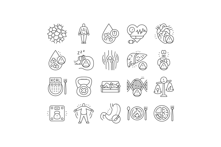 obesity overweight fat obese icons set vector