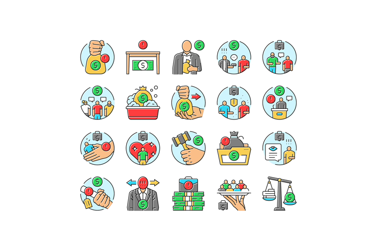 corruption money business cash icons set vector
