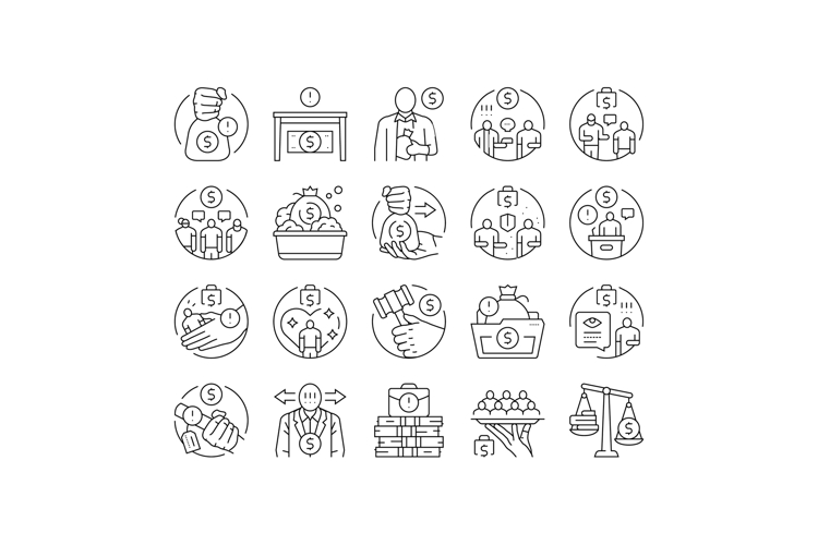 corruption money business cash icons set vector