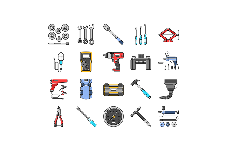 car repair tools wrench icons set vector
