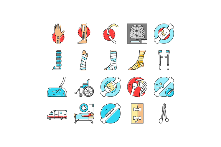 fracture injury bone break icons set vector