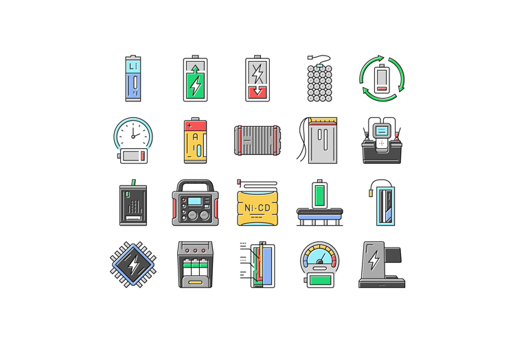 battery technology power electric icons set vector