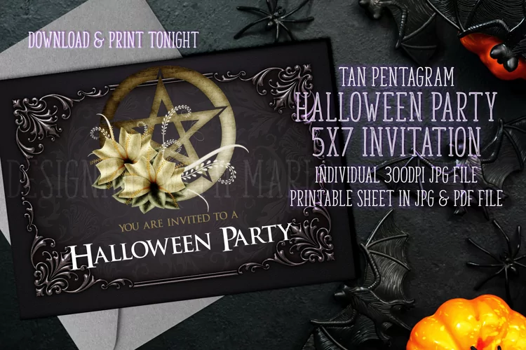Tan Pentagram Halloween Party 5x7 Printable Invitation