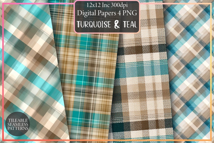 Tan, Turquoise & Teal Plaid Pattern Design, Sublimation
