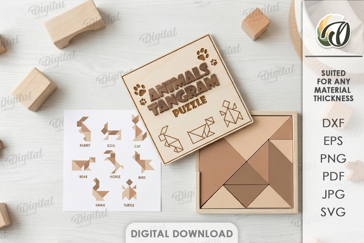Animals Tangram Puzzle Box Laser Cut. Puzzle Box SVG