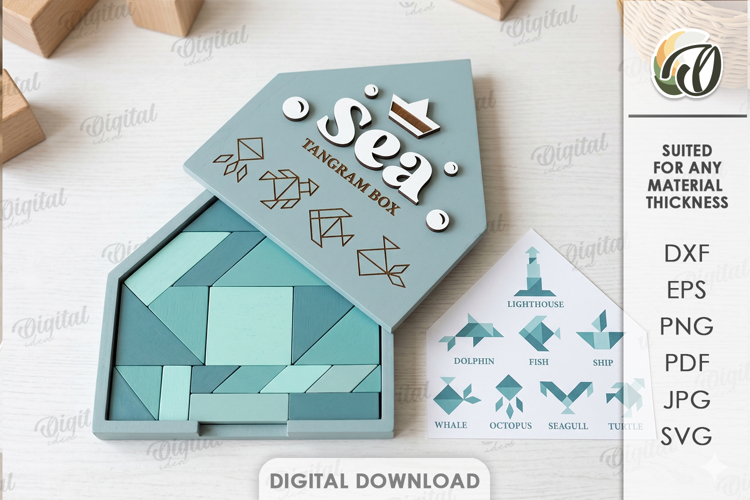 Sea Tangram Puzzle Box Laser Cut. Puzzle Box SVG