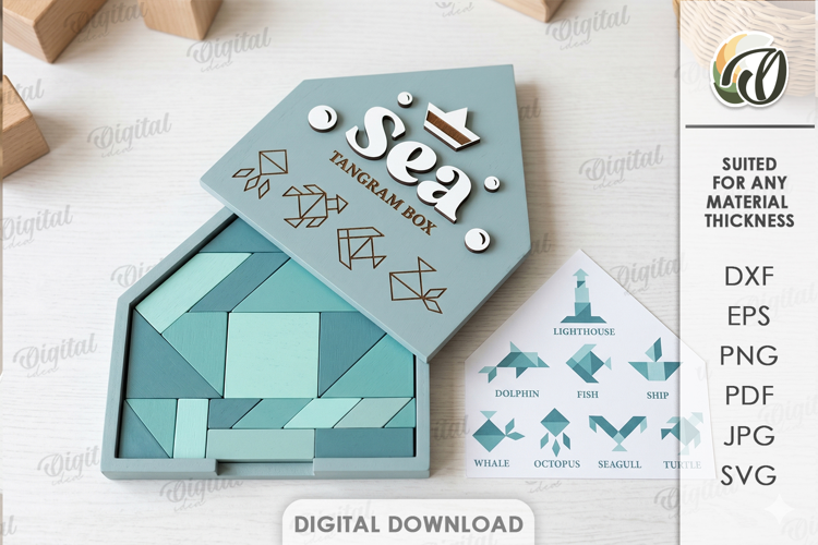 Sea Tangram Puzzle Box Laser Cut. Puzzle Box SVG