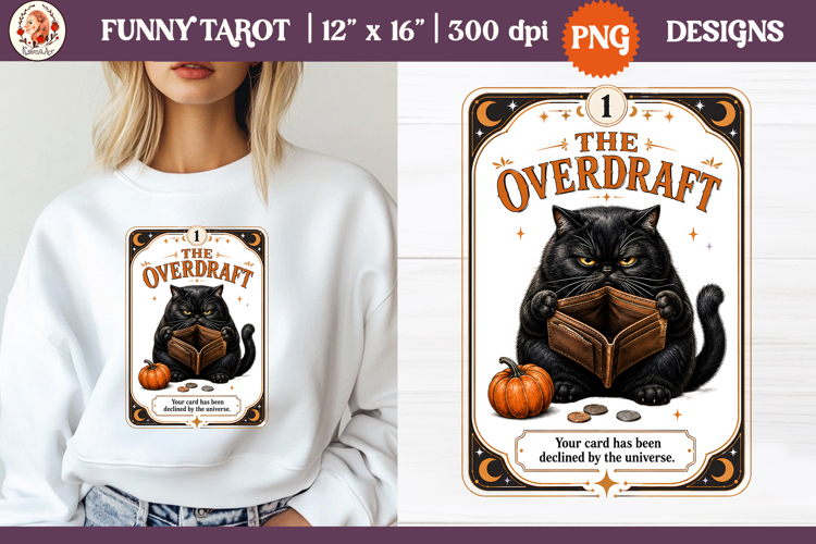 Funny Tarot Cat PNG Sublimation Design | Grumpy Black Cat