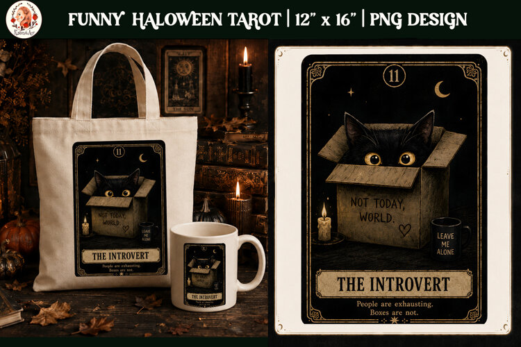 Funny Tarot Cat PNG Sublimation Design | Grumpy Black Cat example image 1