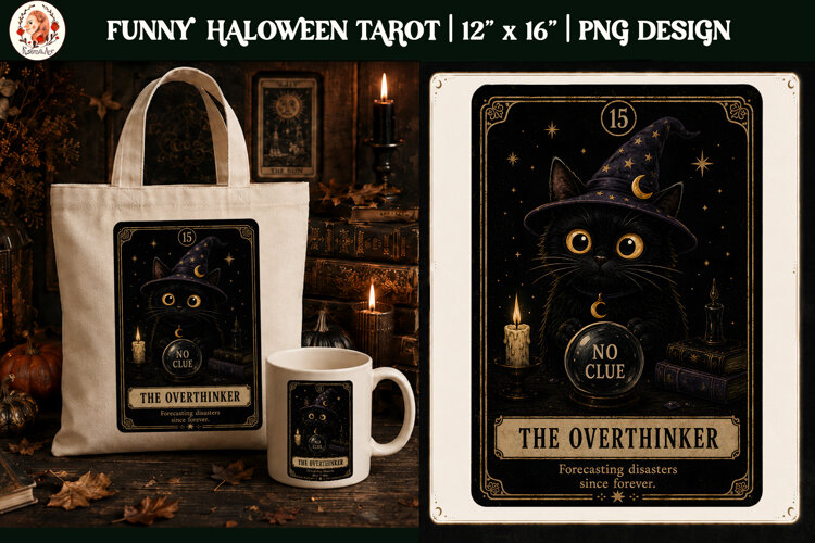 Funny Tarot Cat PNG Sublimation Design | Grumpy Black Cat example image 1