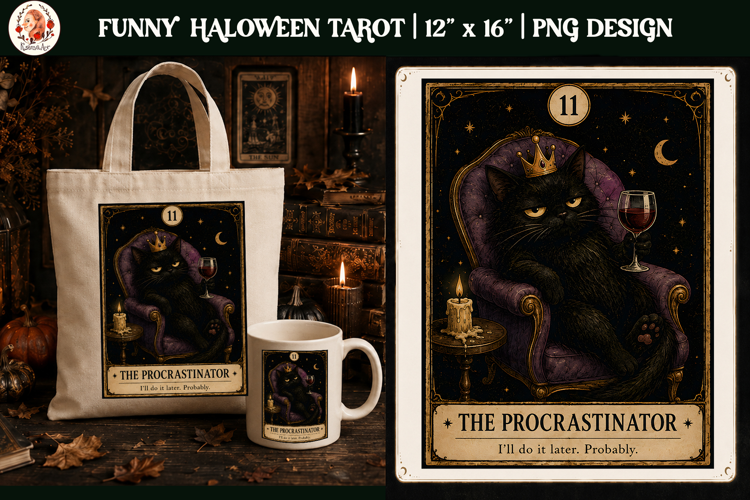Funny Tarot Cat PNG Sublimation Design | Grumpy Black Cat