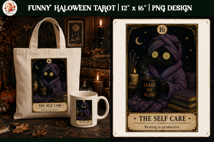 Funny Tarot Cat PNG Sublimation Design | Grumpy Black Cat