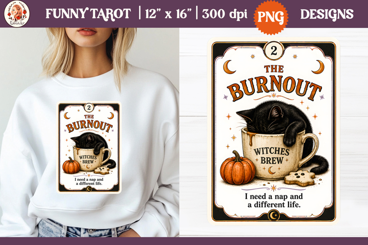 Funny Tarot Cat PNG Sublimation Design | Grumpy Black Cat