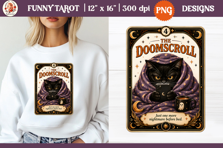 Funny Tarot Cat PNG Sublimation Design | Grumpy Black Cat