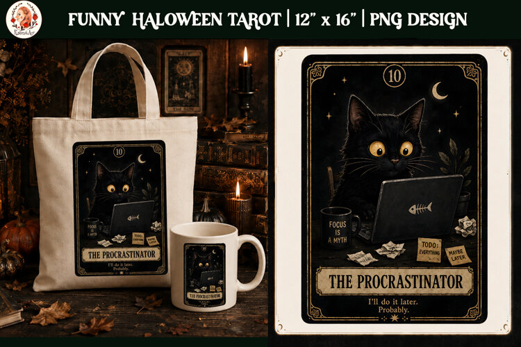 Funny Tarot Cat PNG Sublimation Design | Grumpy Black Cat example image 1