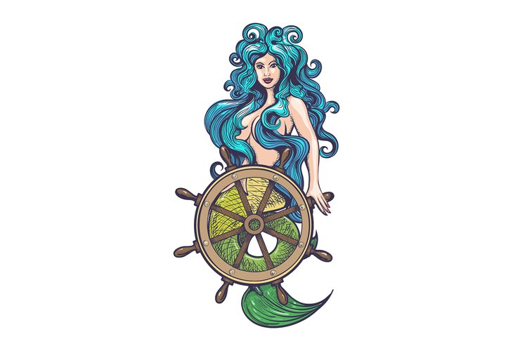 Tattoo of Mermaid with Steering Wheel in Vintage Style example image 1