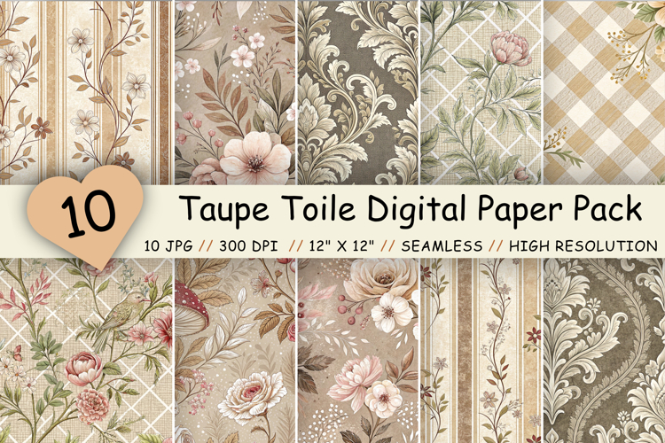 Taupe Toile Digital Paper Pack, Vintage Floral Toile