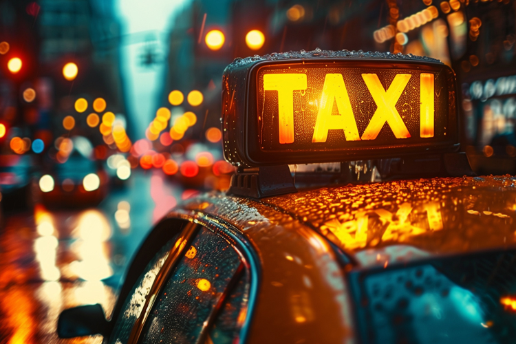 Taxi sign on the roof of a taxi in rainy day