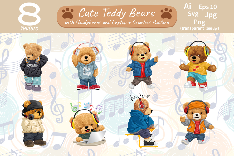 Cute Teddy Bear with Headphones, Seamless Pattern