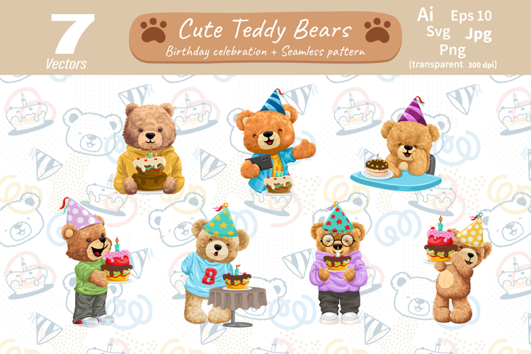 Birthday Teddy Bears with Seamless Party Pattern