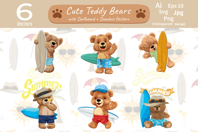 Summer Surfing Teddy Bears I Seamless pattern