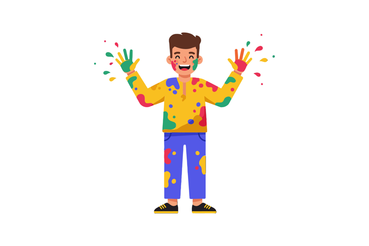 Happy young man celebrating creativity in bright flat vector