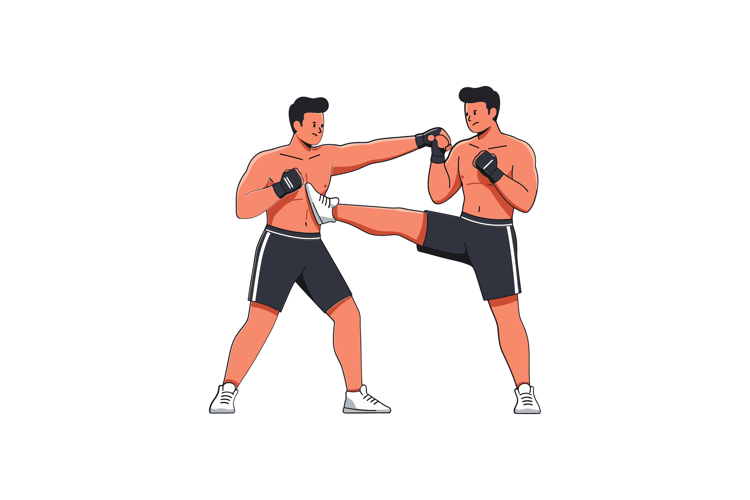 Two male fighters in action poses with flat design vector ar