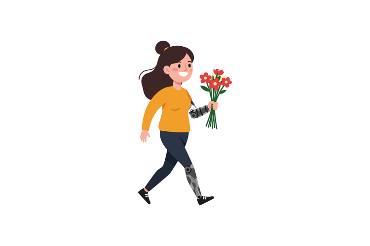 Woman with robotic arm joyfully walking while holding flower